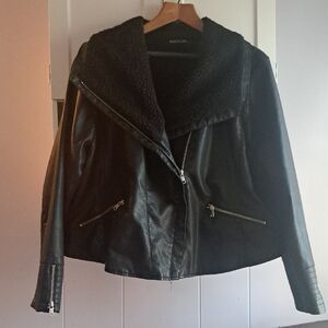 Faux Black Leather Moto/bomber Jacket with Shearling Collar